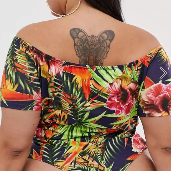off the shoulder Pink Clove bardot bodysuit in tropical print Size 18 - Picture 4 of 4